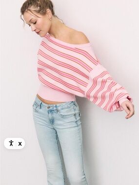 Stradivarius Pink & Coral Striped Off-Shoulder Sweater